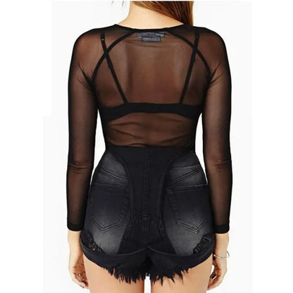 Hot New  Spring Summer Womens Long Sleeve Sexy Black Mesh Top T Shirts Transparent Punk Club Streetwear Tees Beach Tops