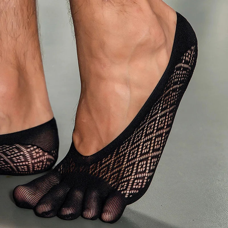 1/5 Pairs Summer Invisible No Show Five Finger Socks Mens Thin Velvet Non-Slip Mesh Breathable Elastic Solid Silk Socks Toes