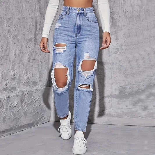 CPSYMYM American Retro Hole-punched Jeans Women High Waist Straight-crotch Loose Slim Design High-street Vibe Wide-legged Draggi
