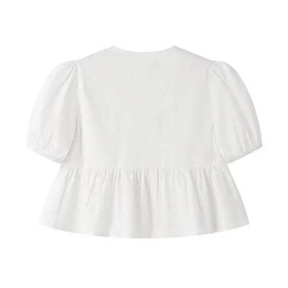 MUJER White Ruffle Crop Top Women Black Short Puff Sleeve Blouse Female Bow Tied Summer Blouses Woman 2025 Ruched Cute Tops