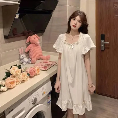 White Mid Length Nightgowns Summer Pajamas Women's Home Clothes New Dress Korean Sleepwear For Sleeping Sexy Nightwear Woman Top
