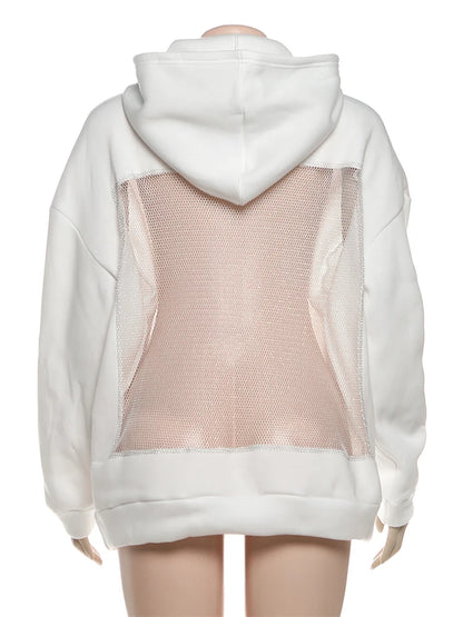 Sisterlinda Hooded Harajuku Sweatshirt Women Autumn Trend Backless ShinyThrea Mesh Patchwork Casual Street Hipster Pulloverr