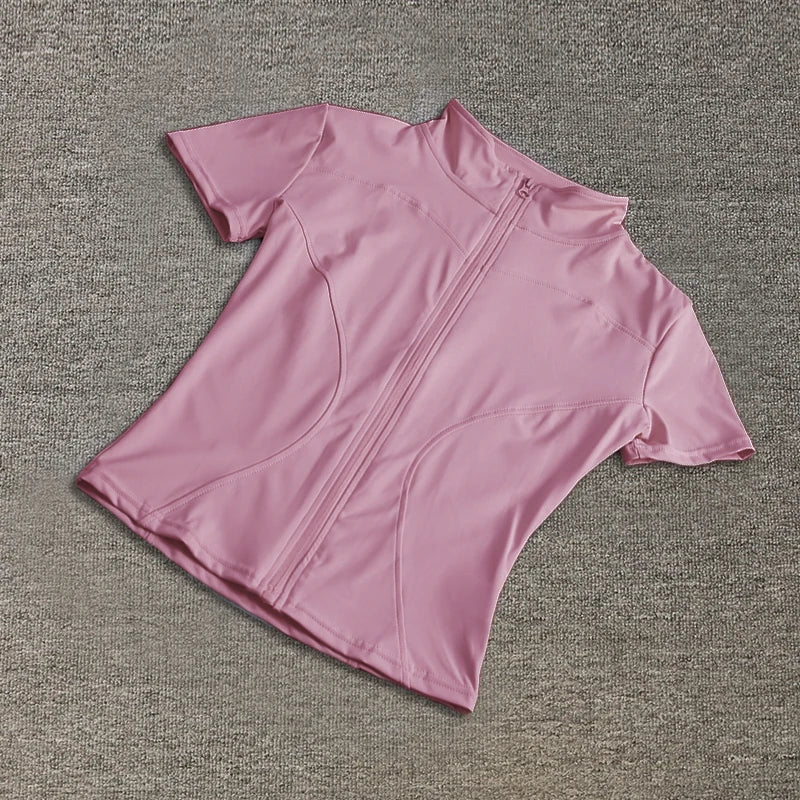 Summer High Quality Waist Slimming Training Tops Women's Quick-drying Tight Stand Collar Full Zipper Short Sleeves Yoga shirts