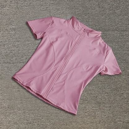 Summer High Quality Waist Slimming Training Tops Women's Quick-drying Tight Stand Collar Full Zipper Short Sleeves Yoga shirts