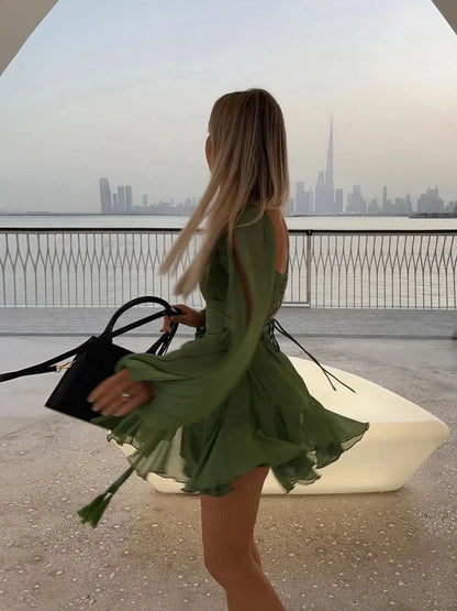 Irregular Mesh Split Long Sleeve Dress Sexy Green Lace Up Pleated Hem High Waist Vestido Summer Lady Vacation Beach Gowns 2025