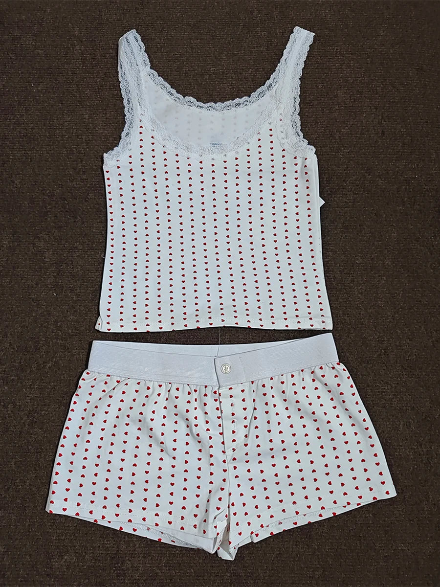Strawberry Vest Shorts 2 Pieces Set Woman Eyelet Bow Slim Tank Top with Elastic Waist Patchwork Straight Short Pant Sweet Sets