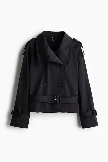 Fashion Women's Short Belt Jackets Turtleneck Double Breasted Full Sleeve Female Trench Coats 2025 Autumn Lady Commute Outwear