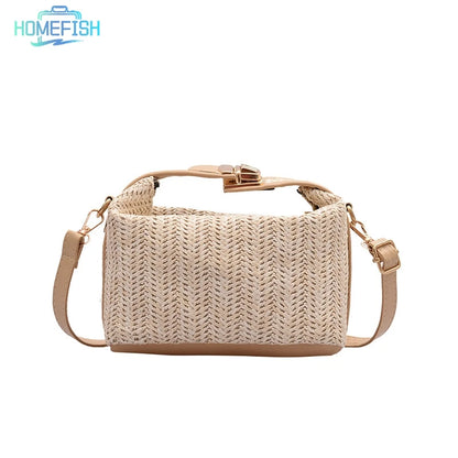 HOMEFISH Summer Small Straw Handbag Trendy Shoulder Bag Woven Bucket Crossbody Bag Casual Seaside Beach Bag Gilrs Handle Tote