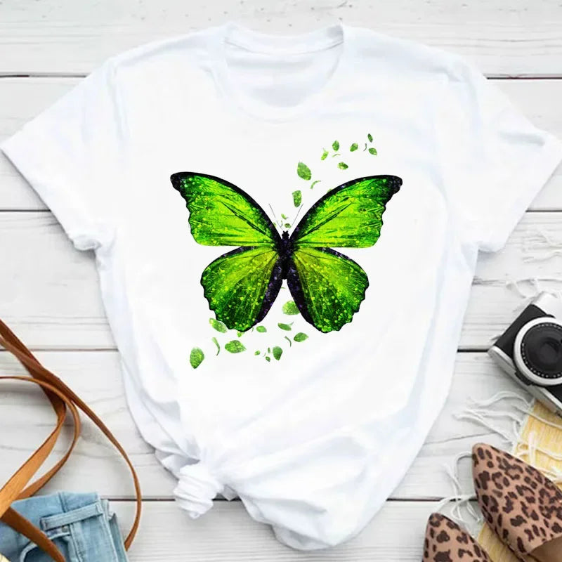 Y2k Women's Colorful Butterfly Petal Print T-Shirt, Short Sleeve, Round Neck, Cute Graphic Tee Shirts, Female Tops Clothes