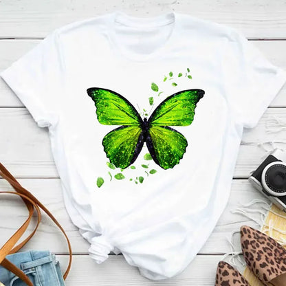 Y2k Women's Colorful Butterfly Petal Print T-Shirt, Short Sleeve, Round Neck, Cute Graphic Tee Shirts, Female Tops Clothes