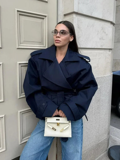Solid Lapel Lace Up Trench Coat Women Fashion Full Sleeve Waist Cinching Short Windbreak New Autumn Office Commute Outwear 2026