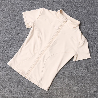 Summer High Quality Waist Slimming Training Tops Women's Quick-drying Tight Stand Collar Full Zipper Short Sleeves Yoga shirts