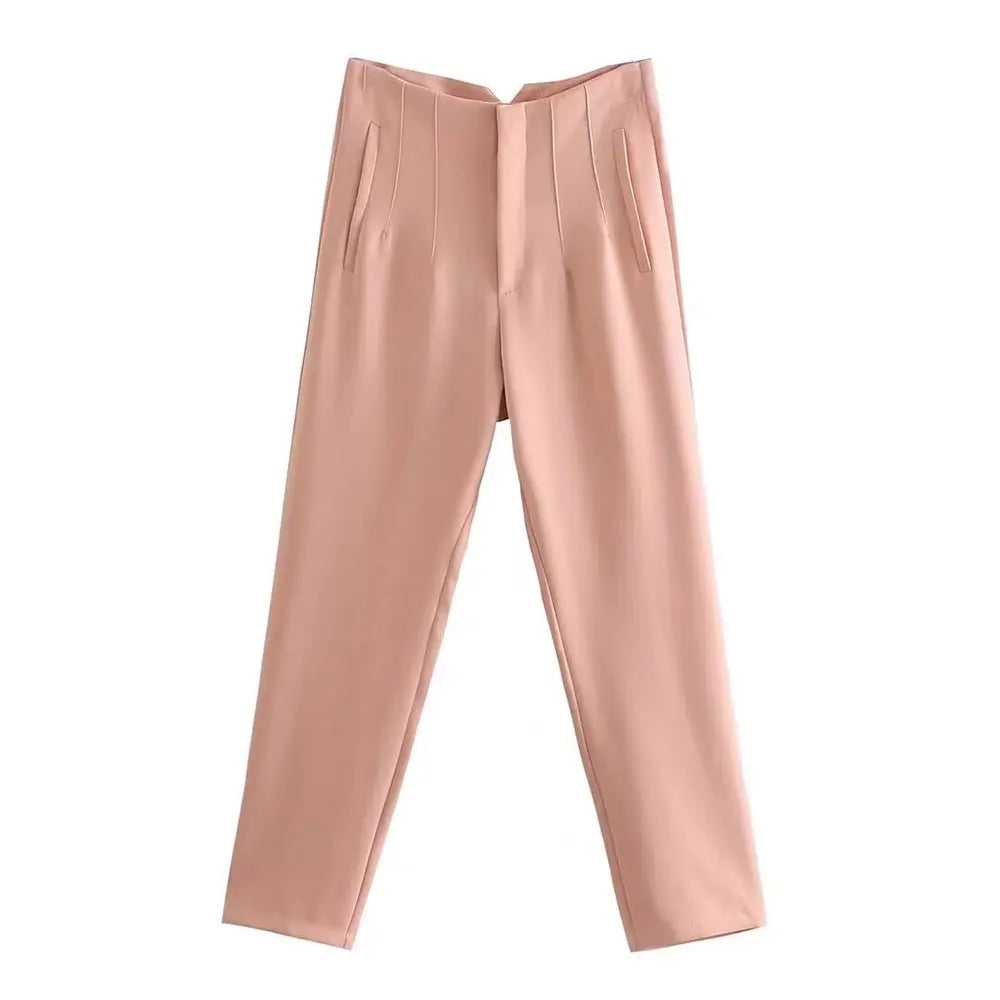DUOPERI Women Fashion Solid Basic High Waist Trousers Chic Female Office Lady Casual Business Workwear Long Pant