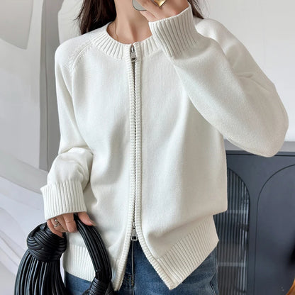 YTFidio 100% Cotton Women O-neck Thick Zipper  Solid Cardigan Luxury Designer Clothing Woman Pullover Female Tops 401