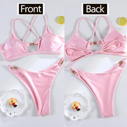 Miyouj Bandage Swimwear Summer Swimsuit High Cut Bikini Set Solid Sexy 2-Piece Suit New Bathsuit Hollow Out Thongs Beachwear