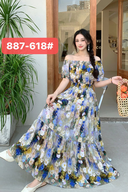 Long Maxi Dress Women Clothing Spring Summer Bohemian Holiday Beach Korean Style Floral Vintage Slim Vestidos Robe Dresses Boho