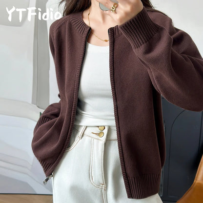 YTFidio 100% Cotton Women O-neck Thick Zipper  Solid Cardigan Luxury Designer Clothing Woman Pullover Female Tops 401