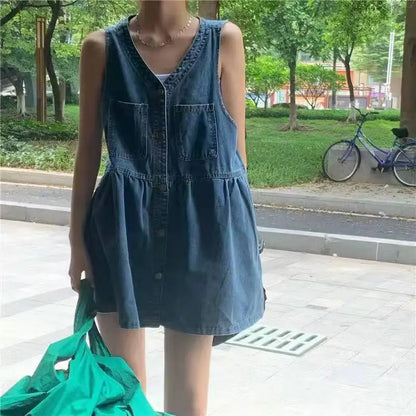 Sleeveless Strap Dress Women Summer Single-Breasted Pockets Denim Dresses Woman Korean Style Loose A Line Mini Dress
