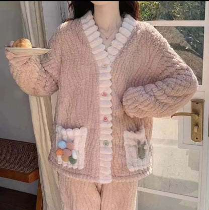 Épaissi chaud flanelle femmes vêtements de nuit vêtements de détente Cardigan costume hiver doux Kawaii doux  dames pyjamas Home