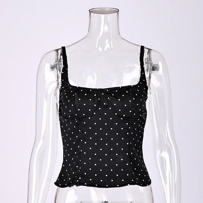 Linad Sexy Backless Polka Dot Tank Top Elegant Satin Spaghetti Strap Lace Camis Street Chic Sleeveless Vest Female 2025 Summer