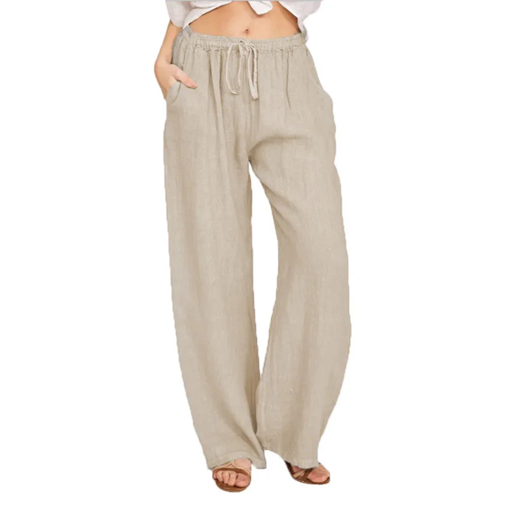 Summer Autumn Women Fashion Cotton Linen Pants Elastic Waist Loose Straight Pants Female Casual Solid Color Versatile Trousers