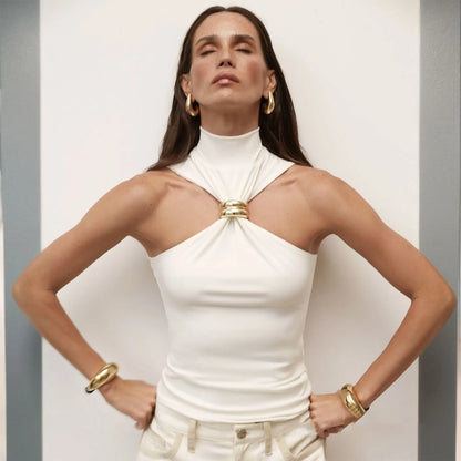 Mozision Turtleneck Basic Knit Tank Tops Women Vest Pullovers Metal Ring Camisole Sleeveless Skinny Knitted Tops Y2K Cropped Top