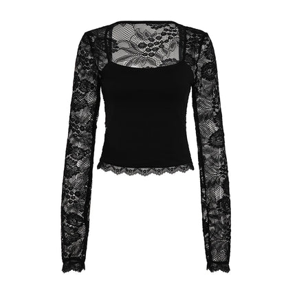 SUCHCUTE Lace-trimmed Patchwork Long-sleeve Tees Women Square Neck See-through Back Top Y2k Aesthetic 90s Sexy T-shirts Vintage