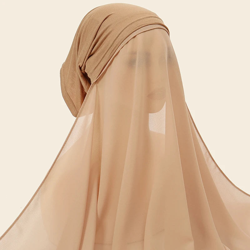 New Plain Instant Hijab Bubble Chiffon With Modal Tube Cap Set Muslim Woman Hijab Innerscarf Casual Long Scarf Islamic Turban