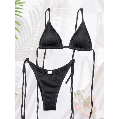 Miyouj Glossy Triangle Bikini Set Bandage Style Two Piece Swimwear for Women Summer Beachwear New Arrival