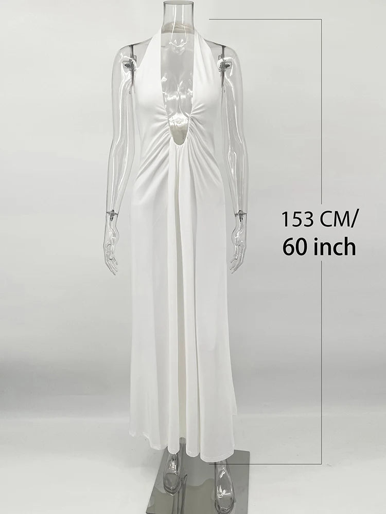 TARUXY Deep V Neck Halter Long Dress Female Elegant Ruched Ribbon Splice Summer New Vacation Dress Sexy Slim Sleeveless Vestido