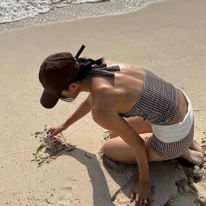 New Sexy Deep V Push Up Bikini Set High Waisted Checkered Brief Tummy Control Backless Two Piece Swimsuit for Beach Vacation