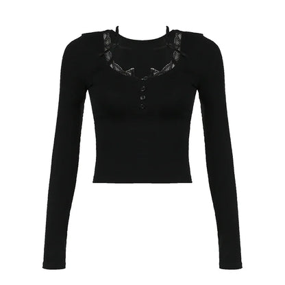 SweetSpicy Lace Stitching Square Collar Neck Long Sleeve T-Shirt Button-Up Cut-Out Slim Fit Knit Short Jacket