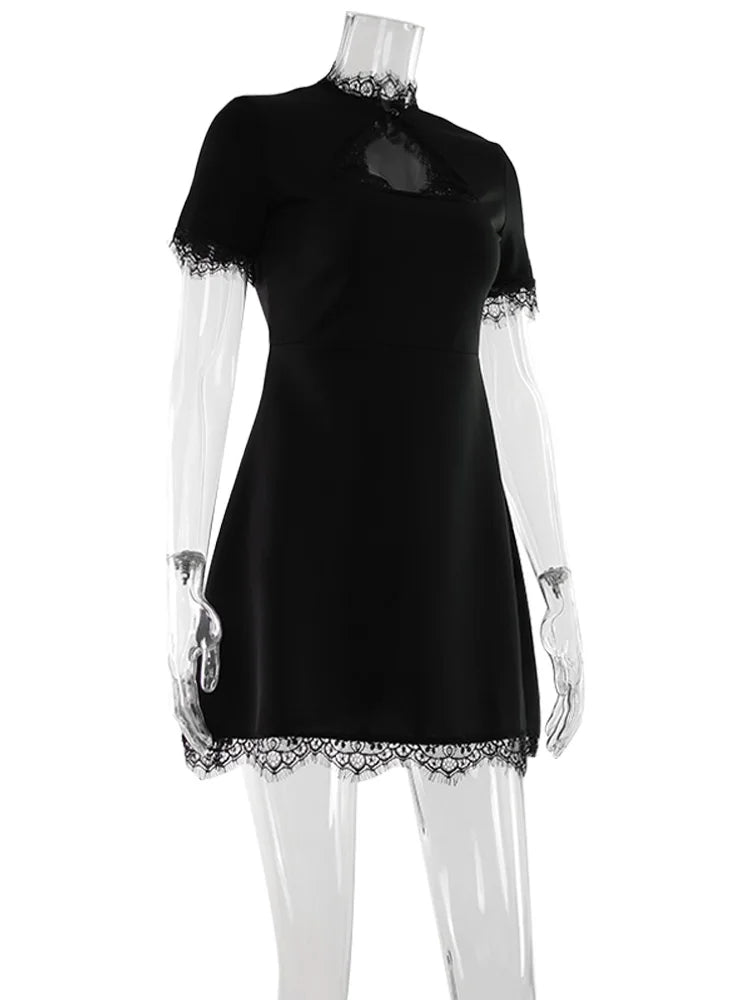 Ahagaga Sexy Women's Mini Dresses Patchwork Short Sleeves Lace Hollow Out Slim Fit Trend Baisc Turtleneck Streetwear Female Robe