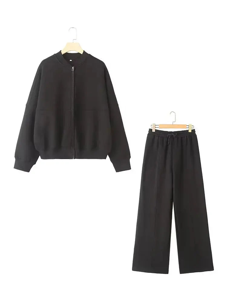 HH Women's Fall 2-Piece Retro Solid Color Zip Bomber Jacket Sweatshirt+High Waist Lace Up Women's Wide Leg Pants Street Wear