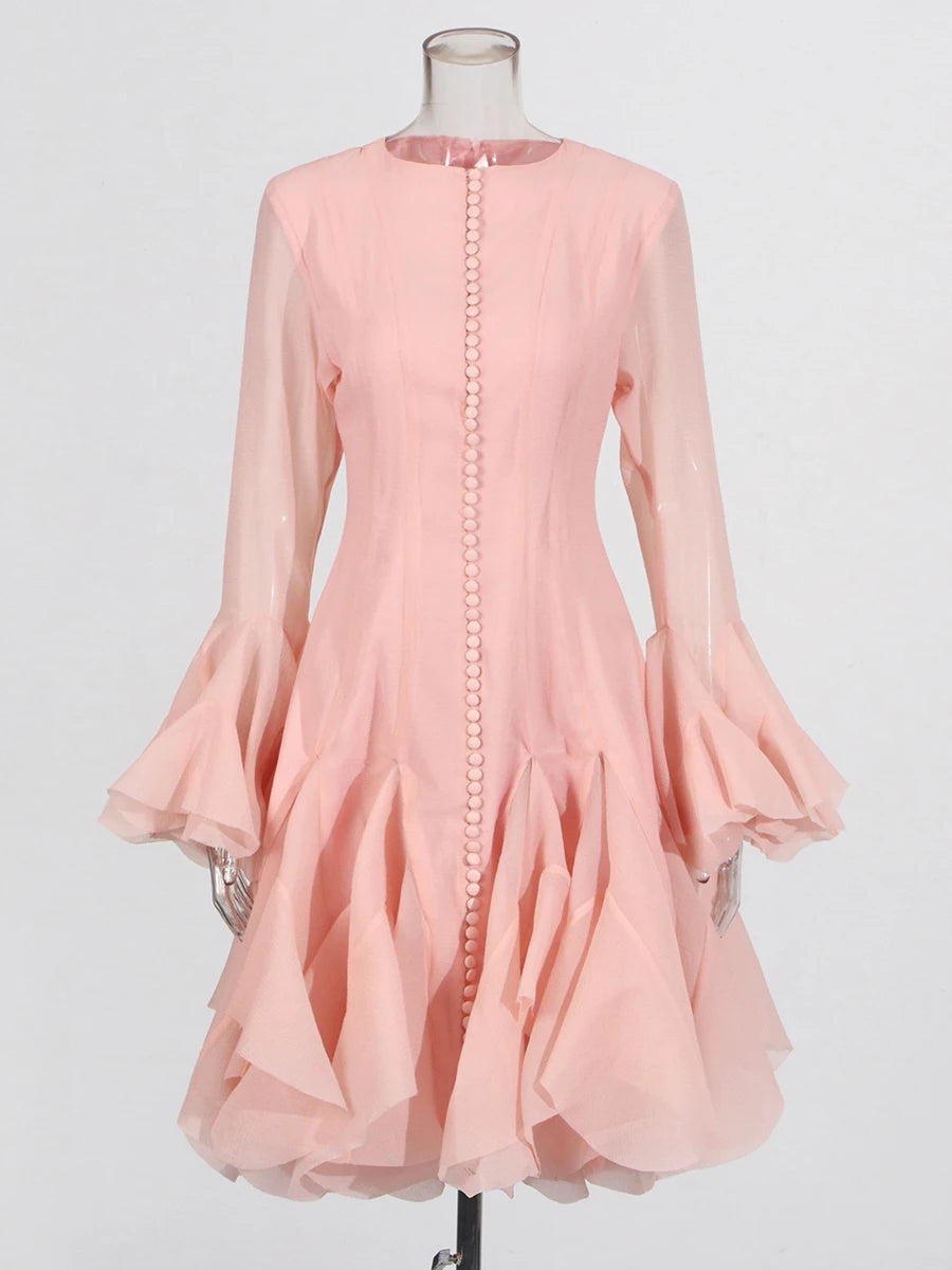 TWOTWINSTYLE Solid Long Dresses For Women Round Neck Flare Sleeve High Waist Slim A Line Spliced Ruffles Dress Female Fashion