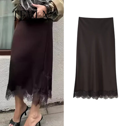 TFMLN Elegant Lace Splice Satin Half Skirt Women's Fashion Wrap Around Long Skirt High Quality Feel New 2025 Style