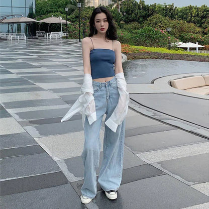 New Design Sense Women's Loose Denim Pants Retro Straight Leg Pants Fashionable Solid Color Loose Casual Wide Leg Pants