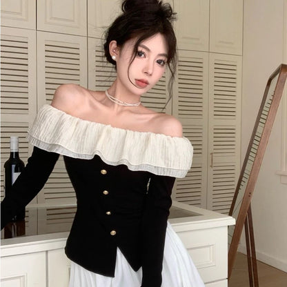 Slash Neck T-shirts for Women Off-shoulder Long Sleeve Tees Elegant French Style Feminine Sweet Ruffles Tops Chic Street Wear