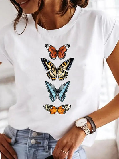 Women's Short-sleeved Explosive Insect Butterfly Dragonfly Print Round Neck T-shirt Women Clothes  Oversized T Shirt  Harajuku