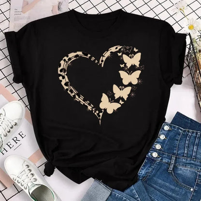 Y2k Women's Colorful Butterfly Petal Print T-Shirt, Short Sleeve, Round Neck, Cute Graphic Tee Shirts, Female Tops Clothes