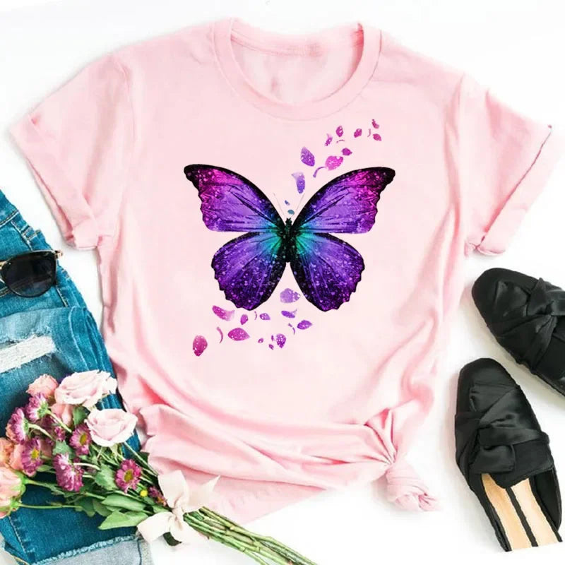 Y2k Women's Colorful Butterfly Petal Print T-Shirt, Short Sleeve, Round Neck, Cute Graphic Tee Shirts, Female Tops Clothes