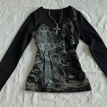 Retro Hip Hop Y2K T-Shirts Fashion Women Sexy Long Sleeve Gothic Vintage Punk Streetwear Tops Casual Slim Hot Girl Autumn Tees