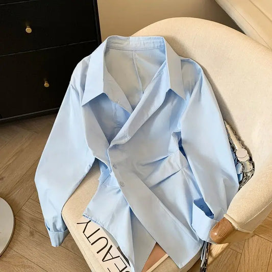 Designer Irregular Long sleeve Polo Shirt Women Tunic White Elegant Basic Top Blouse Ladies Fashion Work Wear Shirts