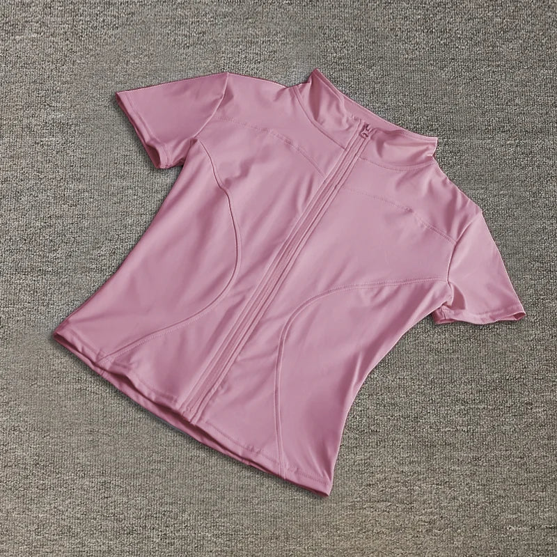 Summer High Quality Waist Slimming Training Tops Women's Quick-drying Tight Stand Collar Full Zipper Short Sleeves Yoga shirts