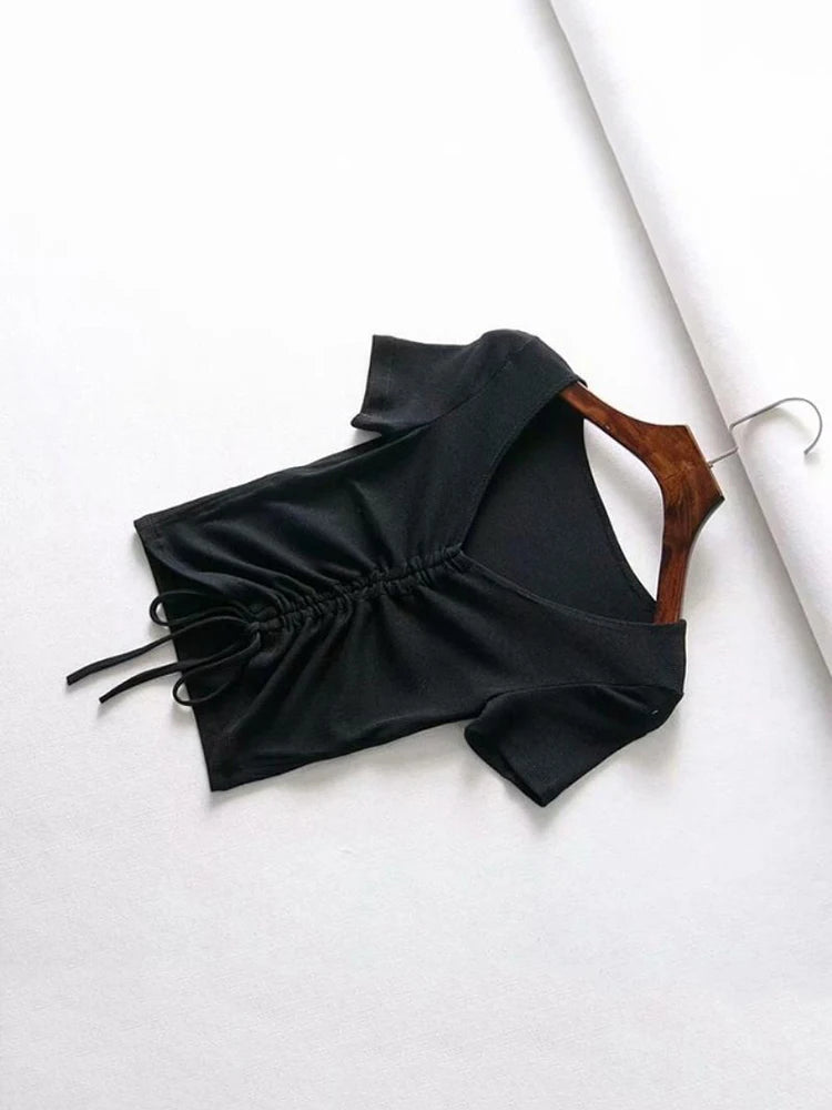 Sexy V Neck Cropped Tank Tops Women Drawstring Tie Up Front Camis Candy Colors Streetwear Slim Fit Ribbed Crop Top