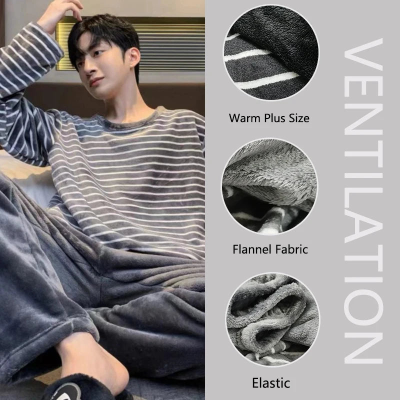 Winter Flannel Pajamas Men Korean Version of the Striped Padded Long-Sleeved Cartoon Nightwear Homewear Set Sleepwear Loungewear