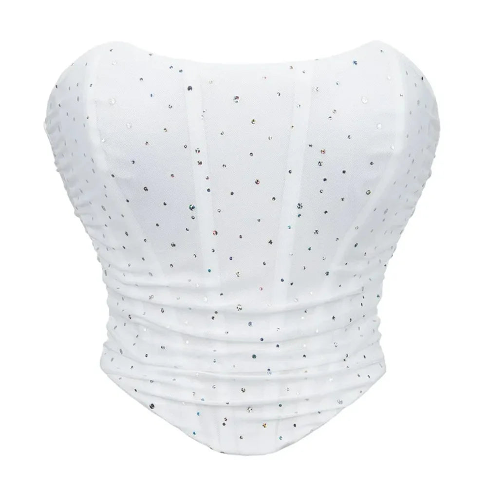 Summer Women Sexy Corset Crop Top Rhinestone Backless Lace Up Bustier Female Club Party Camisole Underwear