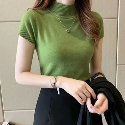 Turtleneck T-Shirt Women's Fashion Jumper Casual Tops Korean Style Elegant Solid-Coloured Clothing Spring And Summer Season
