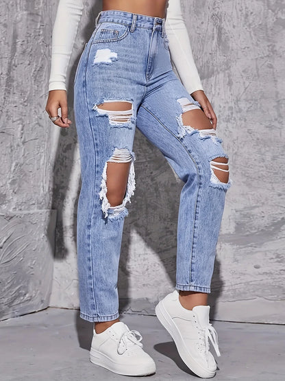 CPSYMYM American Retro Hole-punched Jeans Women High Waist Straight-crotch Loose Slim Design High-street Vibe Wide-legged Draggi