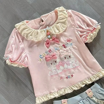 Japanese Kawaii Crop Tops Cartoon Print Harajuku Lolita Short Sleeve T-shirts Women Y2k Aesthetic Slim Tee Vintage Fairy Grunge